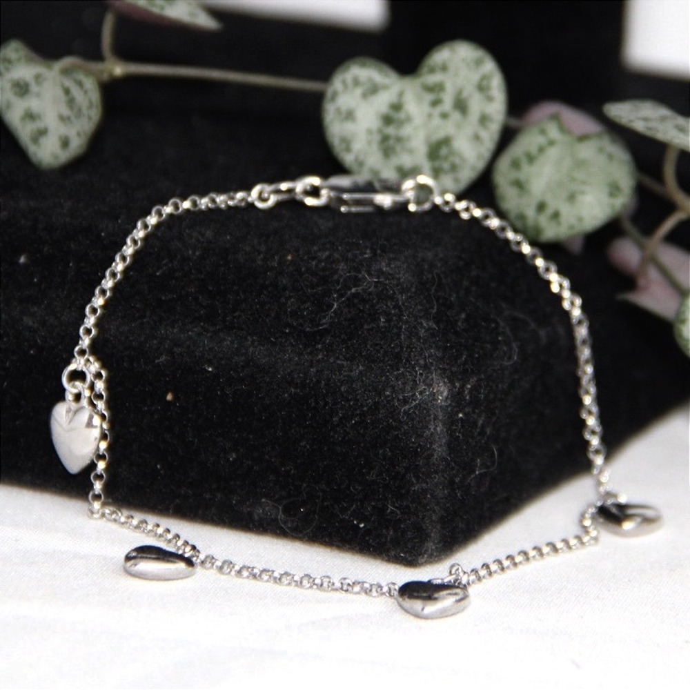 Sterling Silver Puffed Heart Charm Bracelet 7 Inch Rolo Chain 925 High Polish